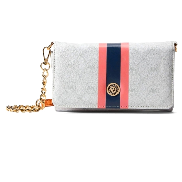 Anne Klein Logo Wallet On‎ A Chain Varsity Stripe Crossbody Bag Purse White Pink - Picture 1 of 16